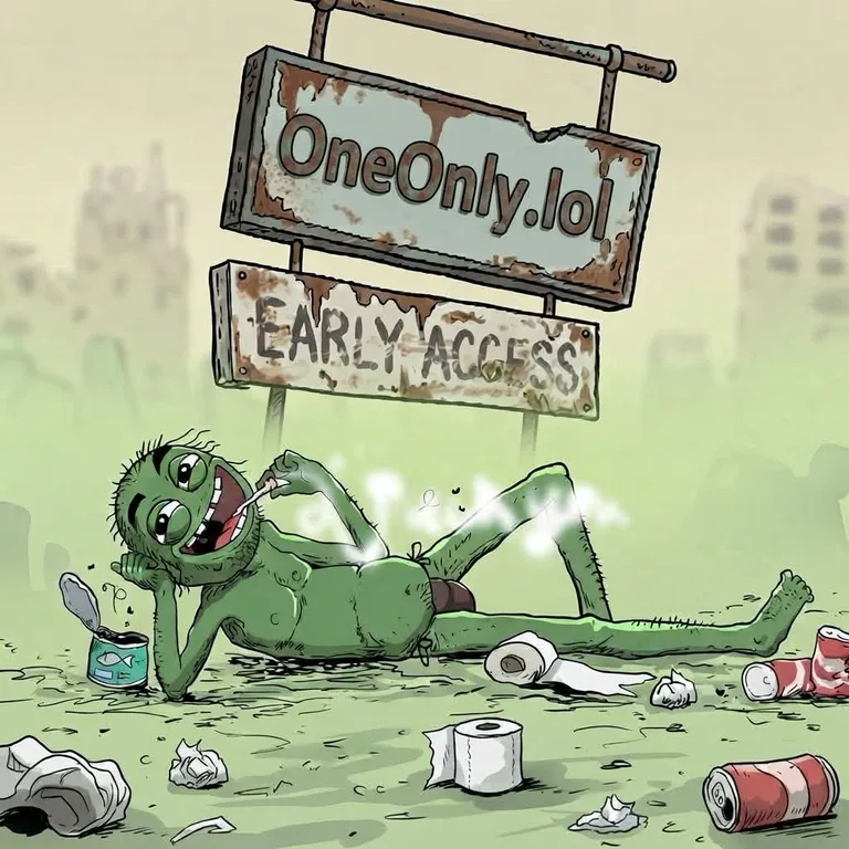 A reclining green degen beneath the OneOnly.lol Early Access sign